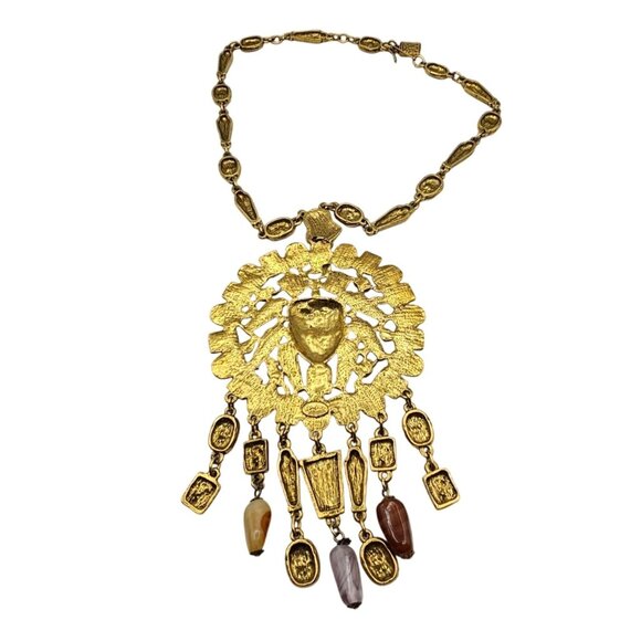 Goldette 1970s Egyptian Revival Gold Tone Necklace Cartouche & Scarab Motifs - Picture 11 of 16